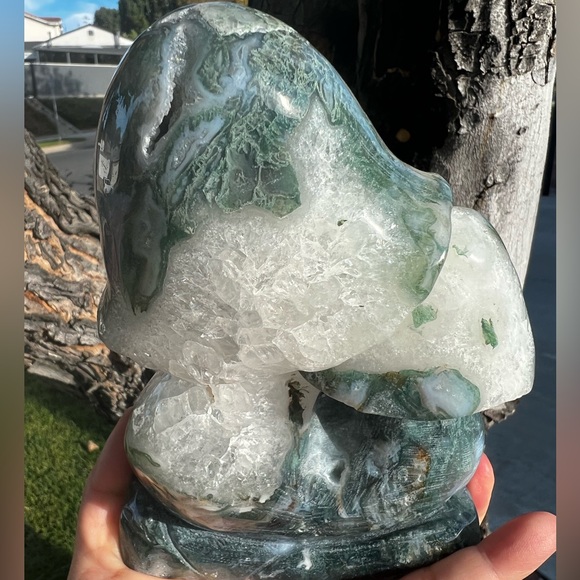 Extra Large Moss Agate Triple Mushroom with Quartz - Picture 7 of 9